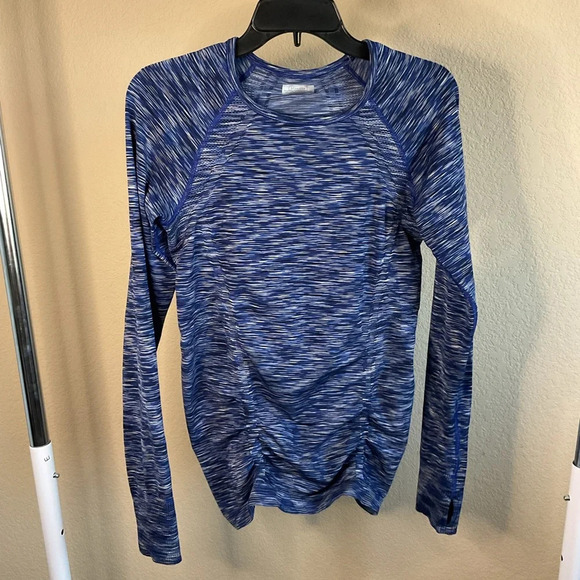 Athleta Womens Medium Fastest Track Long Sleeve Blue Space Dye Ruched Top - Picture 1 of 5